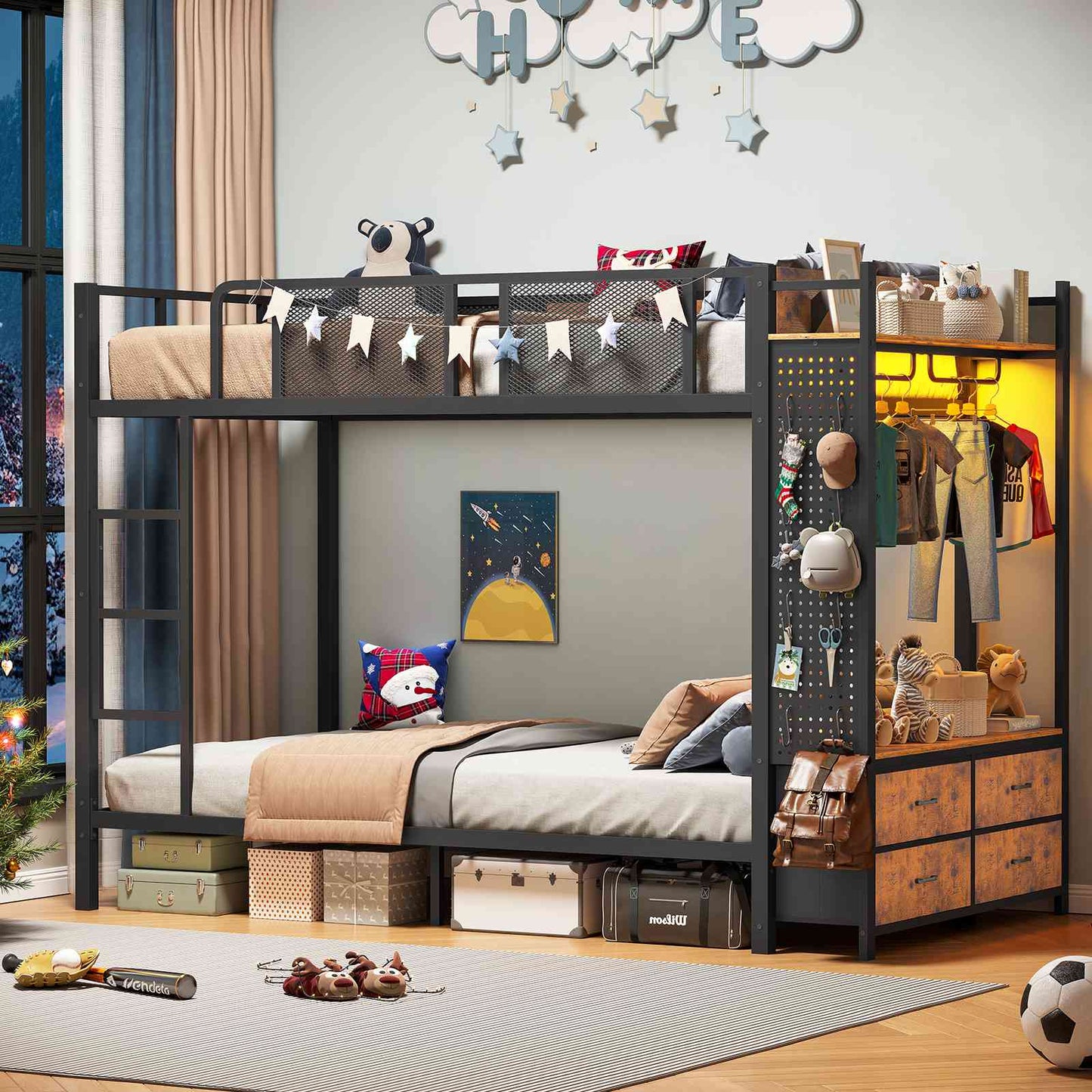 Itaar | Metal Bunk Bed Twin Over Twin with Hall Tree Power Outlet LED Bunk Bed with 4 Storage Drawers Bed with Safety Guardrail Ladders