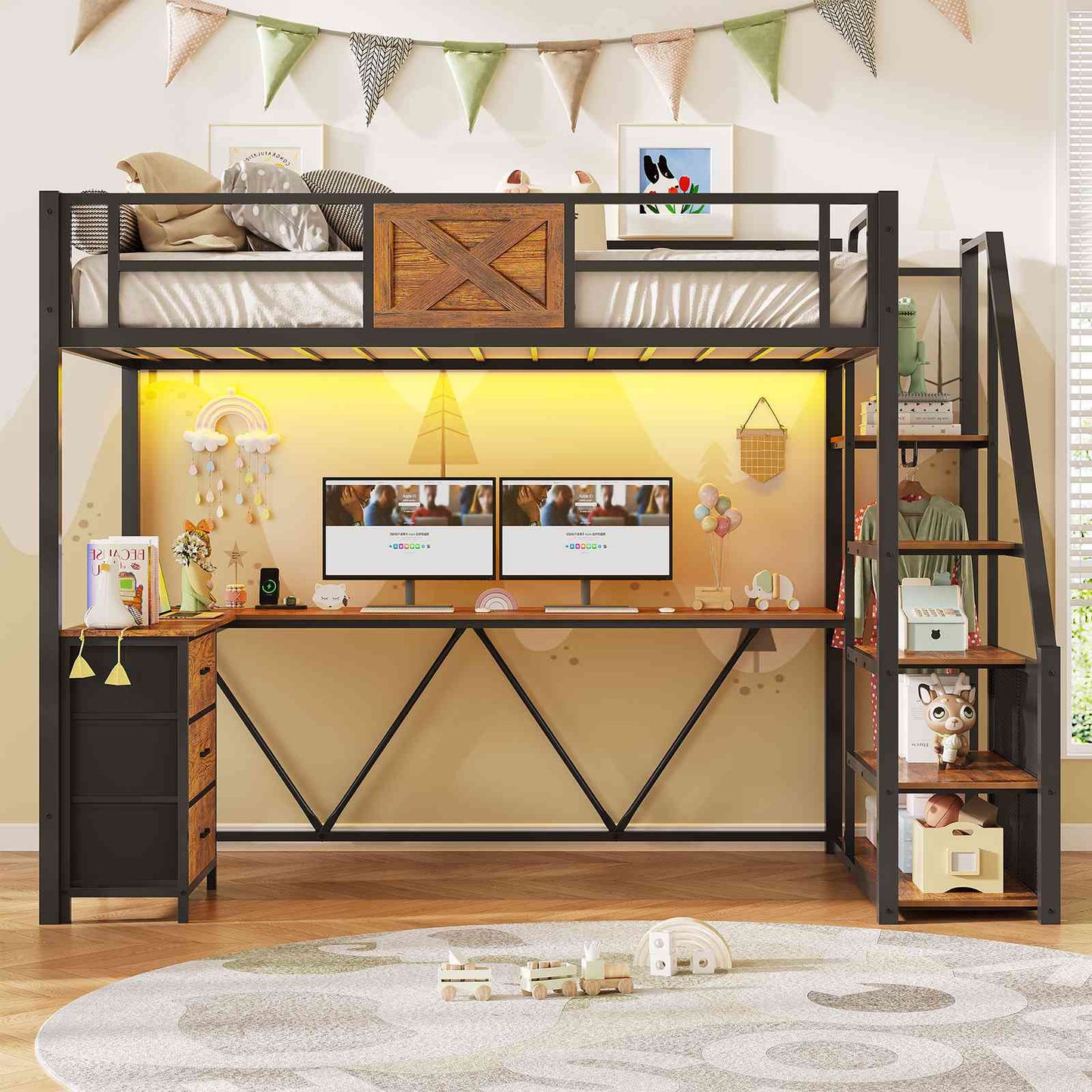 Itaar | Stairway Twin Size Loft Bed with L Shaped Desk and Wardrobe Metal Loft Bed Frame with Stairs 3 Fabric Drawers LED Lights Charging Sation