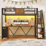 Itaar | Stairway Twin Size Loft Bed with L Shaped Desk and Wardrobe Metal Loft Bed Frame with Stairs 3 Fabric Drawers LED Lights Charging Sation