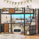 Itaar | Stairway Twin Size Loft Bed with L Shaped Desk and Wardrobe Metal Loft Bed Frame with Stairs 3 Fabric Drawers LED Lights Charging Sation