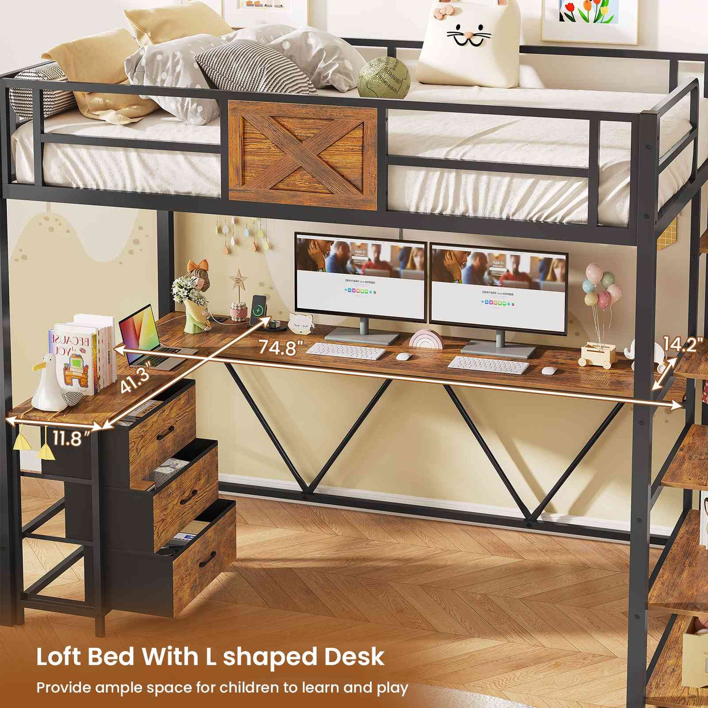 Itaar | Stairway Twin Size Loft Bed with L Shaped Desk and Wardrobe Metal Loft Bed Frame with Stairs 3 Fabric Drawers LED Lights Charging Sation