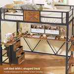 Itaar | Stairway Twin Size Loft Bed with L Shaped Desk and Wardrobe Metal Loft Bed Frame with Stairs 3 Fabric Drawers LED Lights Charging Sation