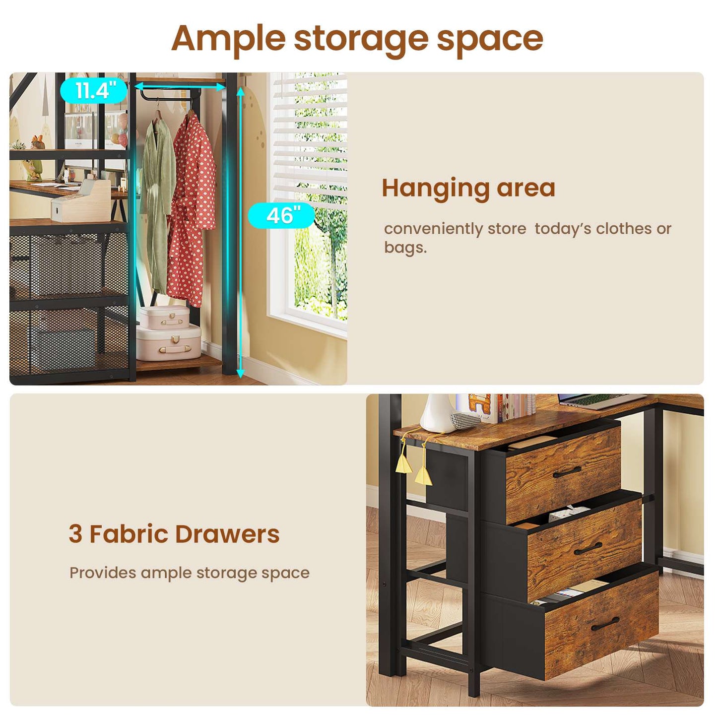 Itaar | Stairway Twin Size Loft Bed with L Shaped Desk and Wardrobe Metal Loft Bed Frame with Stairs 3 Fabric Drawers LED Lights Charging Sation