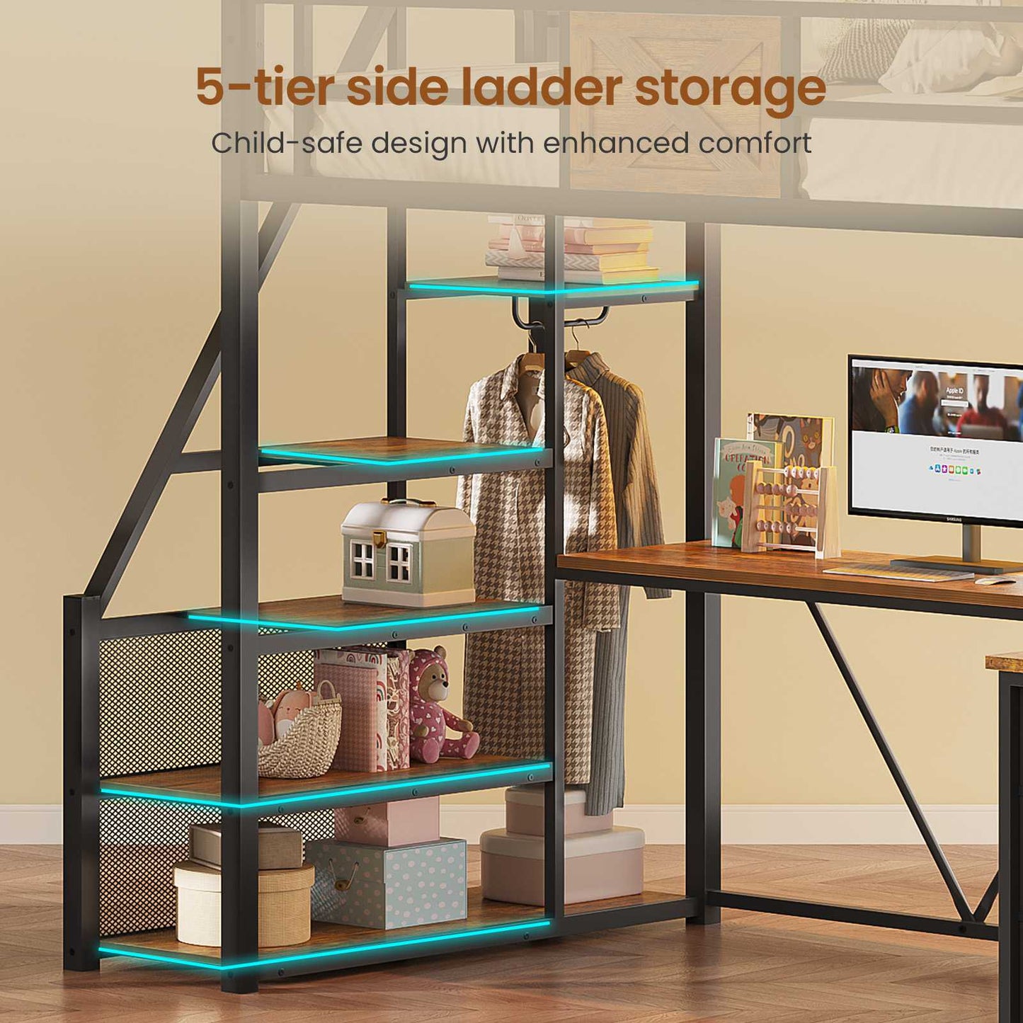 Itaar | Stairway Twin Size Loft Bed with L Shaped Desk and Wardrobe Metal Loft Bed Frame with Stairs 3 Fabric Drawers LED Lights Charging Sation