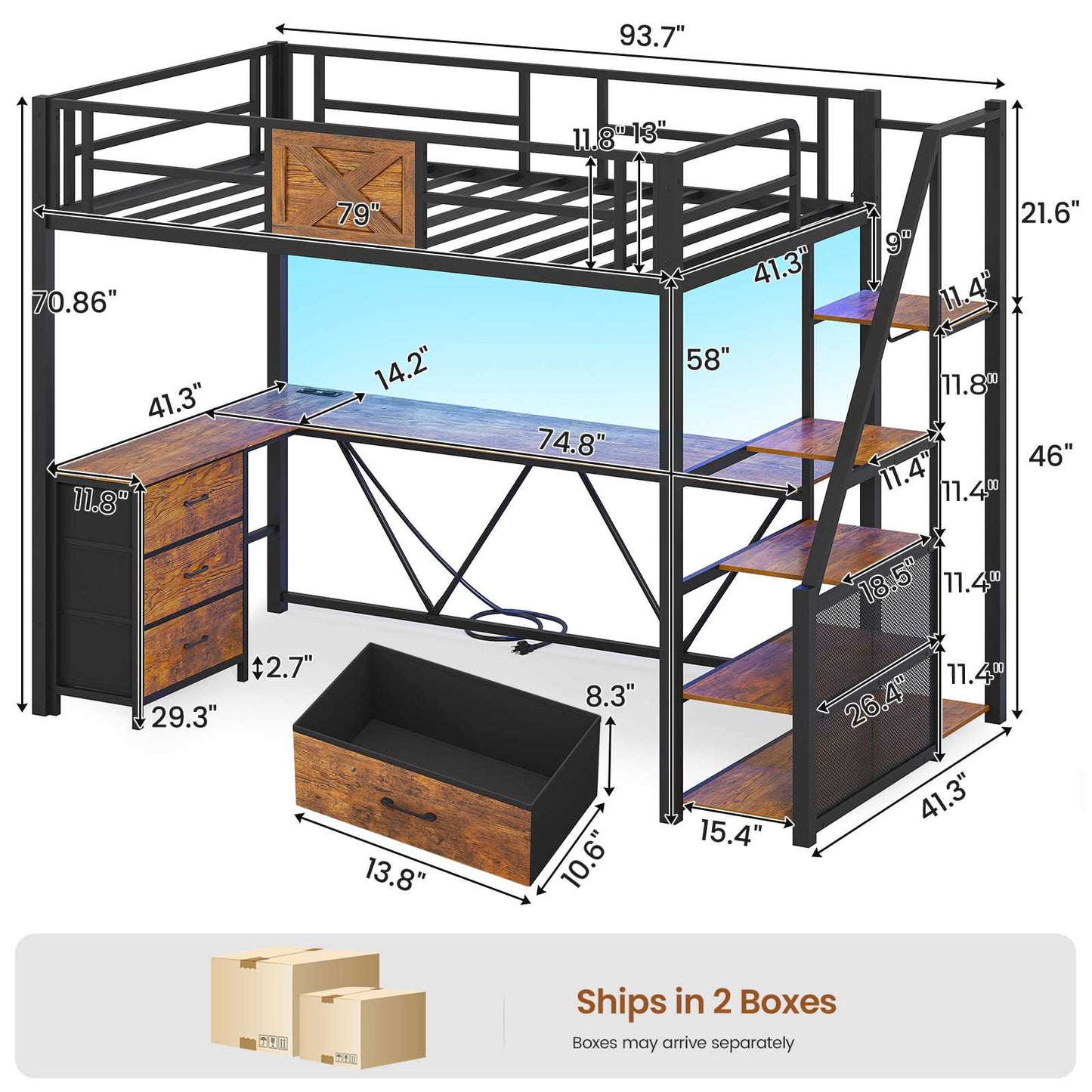 Itaar | Stairway Twin Size Loft Bed with L Shaped Desk and Wardrobe Metal Loft Bed Frame with Stairs 3 Fabric Drawers LED Lights Charging Sation