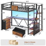 Itaar | Stairway Twin Size Loft Bed with L Shaped Desk and Wardrobe Metal Loft Bed Frame with Stairs 3 Fabric Drawers LED Lights Charging Sation
