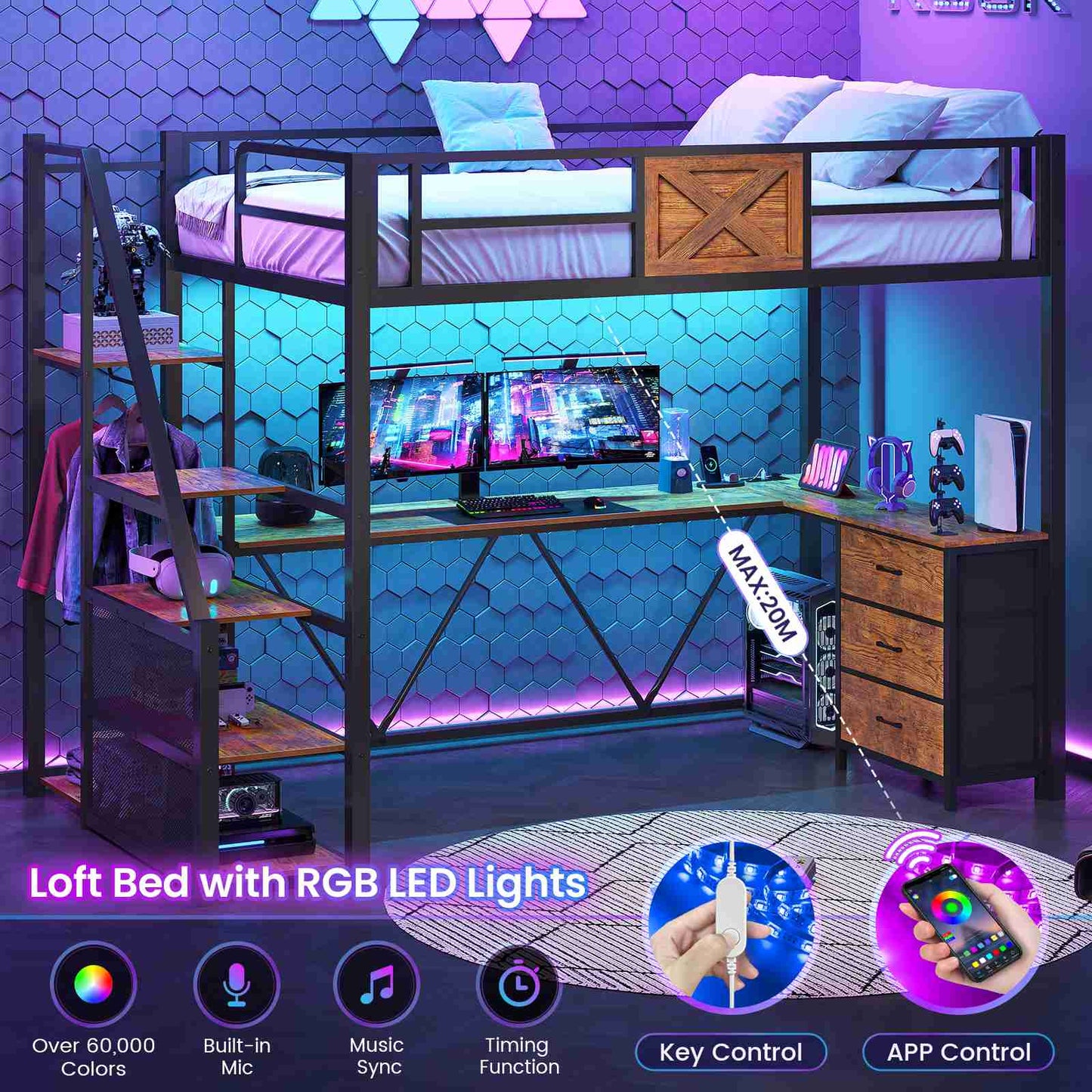 Itaar | Stairway Twin Size Loft Bed with L Shaped Desk and Wardrobe Metal Loft Bed Frame with Stairs 3 Fabric Drawers LED Lights Charging Sation
