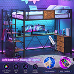 Itaar | Stairway Twin Size Loft Bed with L Shaped Desk and Wardrobe Metal Loft Bed Frame with Stairs 3 Fabric Drawers LED Lights Charging Sation