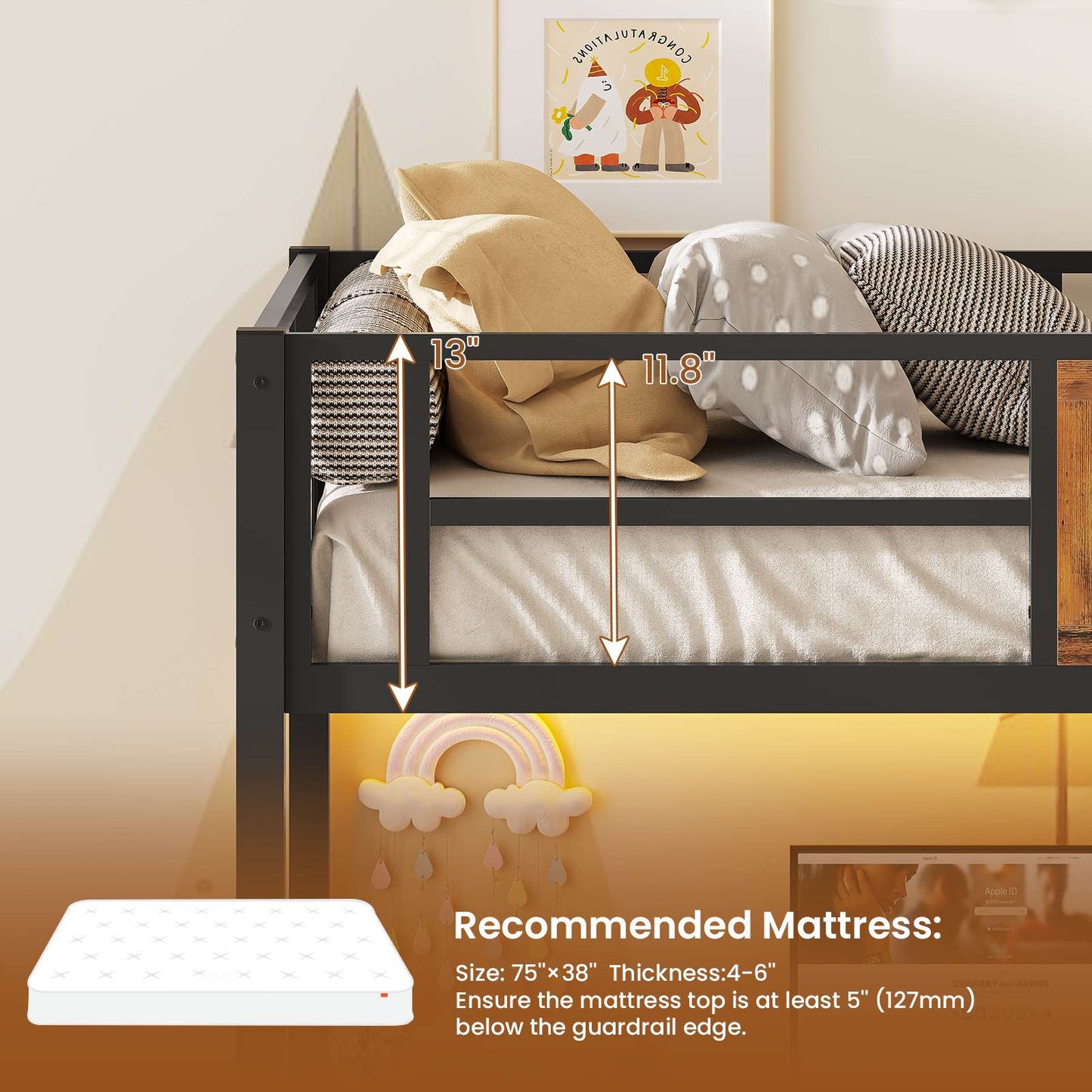 Itaar | Stairway Twin Size Loft Bed with L Shaped Desk and Wardrobe Metal Loft Bed Frame with Stairs 3 Fabric Drawers LED Lights Charging Sation