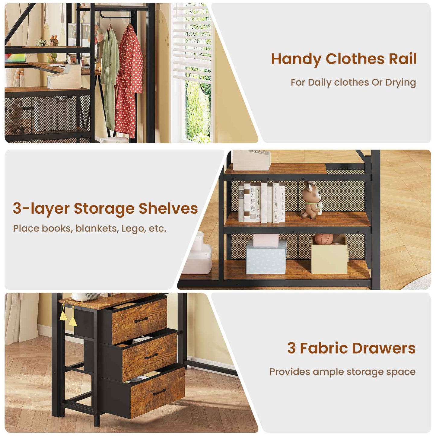 Itaar | Stairway Twin Size Loft Bed with L Shaped Desk and Wardrobe Metal Loft Bed Frame with Stairs 3 Fabric Drawers LED Lights Charging Sation