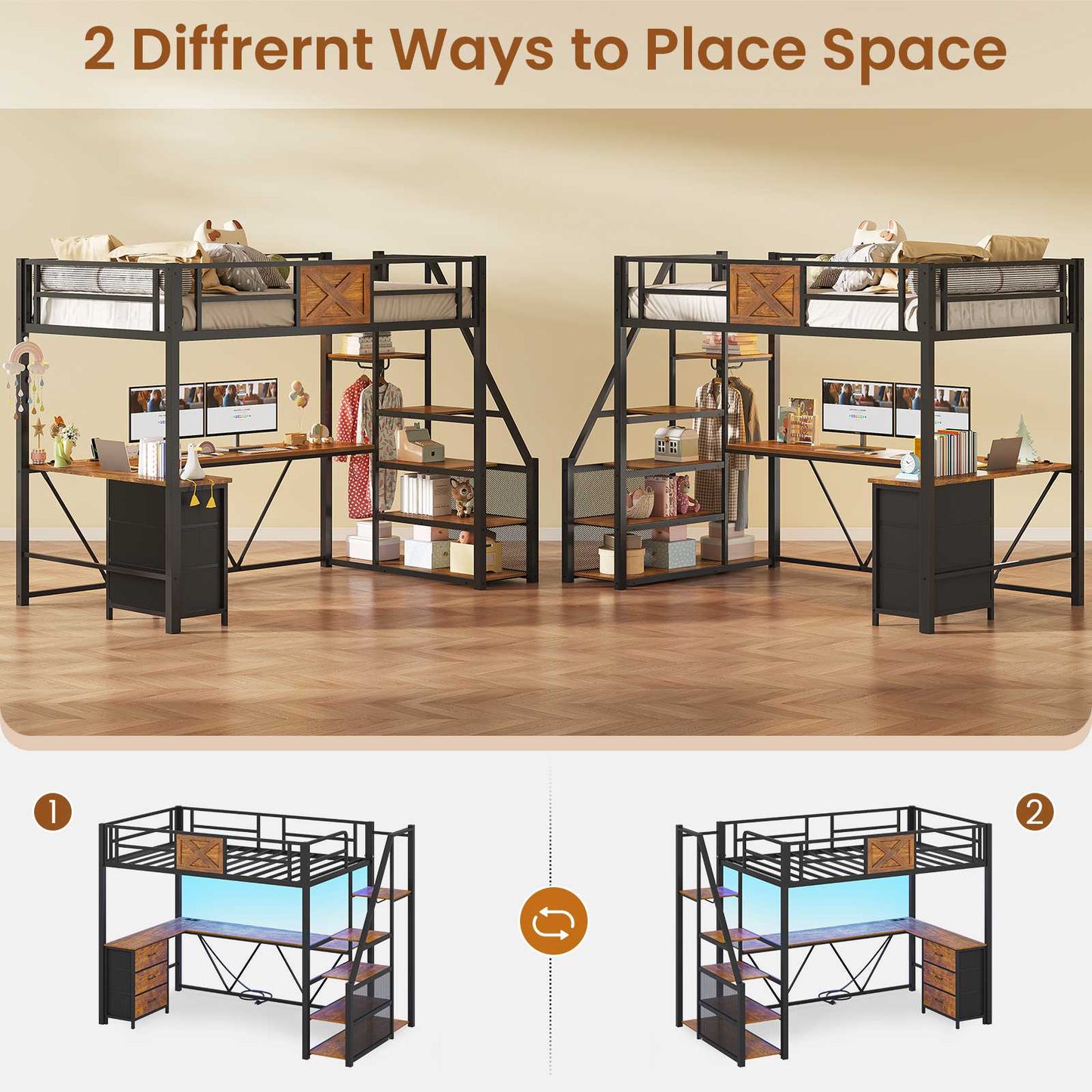 Itaar | Stairway Twin Size Loft Bed with L Shaped Desk and Wardrobe Metal Loft Bed Frame with Stairs 3 Fabric Drawers LED Lights Charging Sation