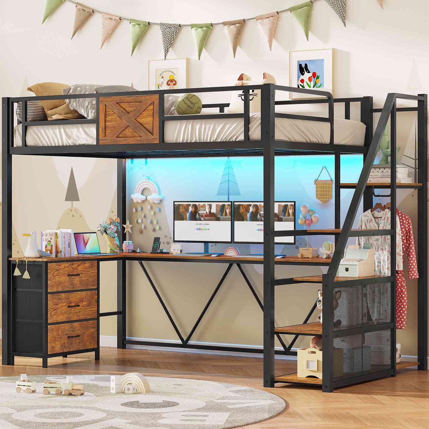 Itaar | Stairway Twin Size Loft Bed with L Shaped Desk and Wardrobe Metal Loft Bed Frame with Stairs 3 Fabric Drawers LED Lights Charging Sation