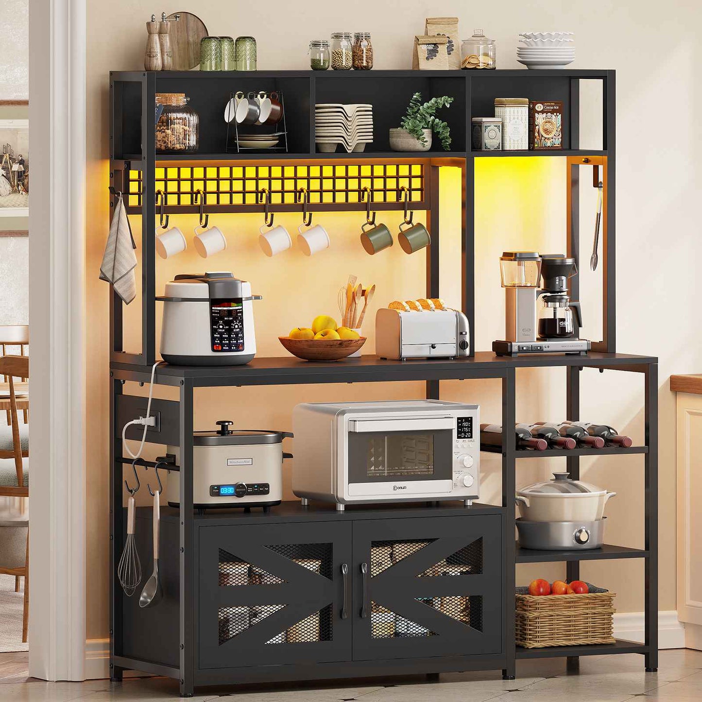 Itaar | 47.2 Inch Bakers Rack with Power Outlet Microwave Stand with Storage Farmhouse Coffee Bar Cabinet Station with Wine Rack