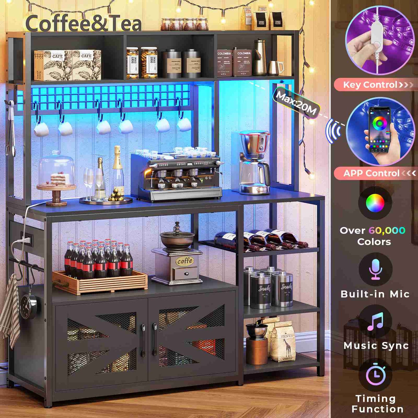 Itaar | 47.2 Inch Bakers Rack with Power Outlet Microwave Stand with Storage Farmhouse Coffee Bar Cabinet Station with Wine Rack