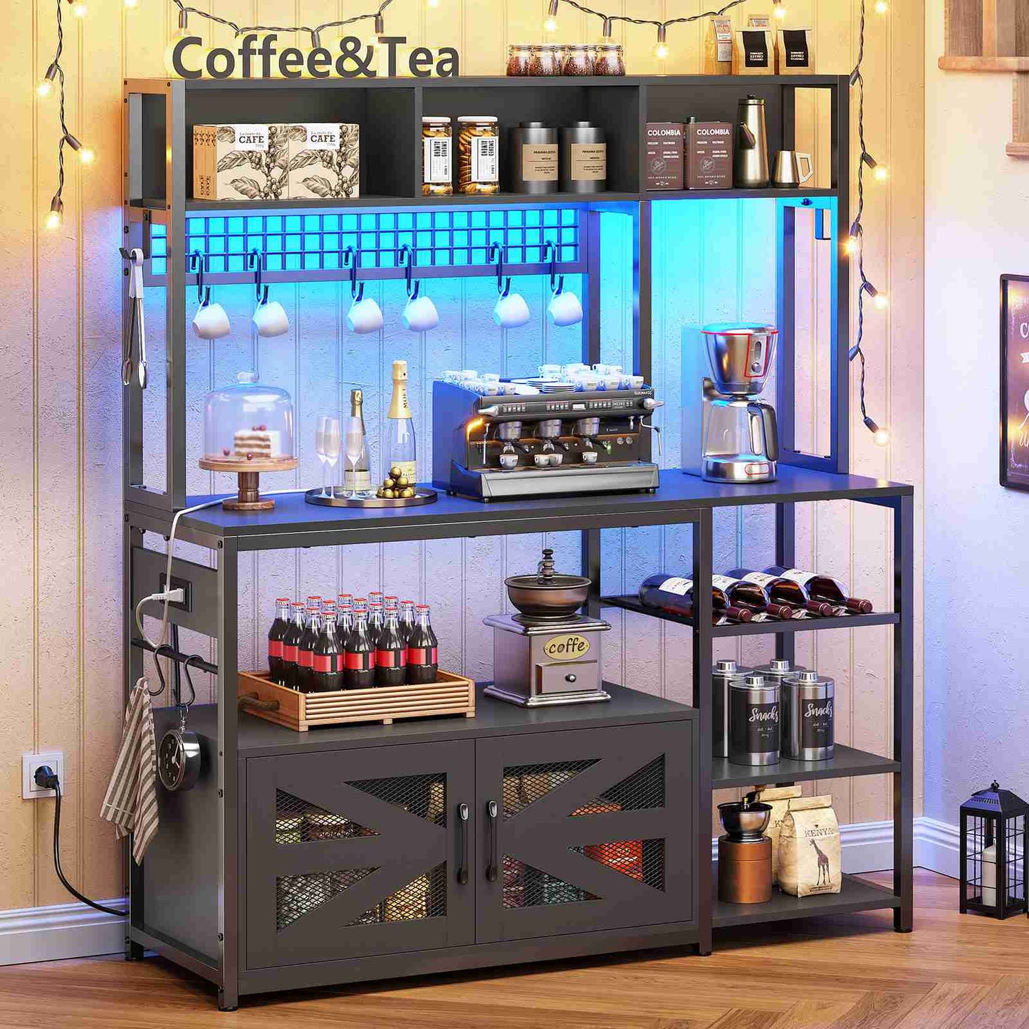 Itaar | 47.2 Inch Bakers Rack with Power Outlet Microwave Stand with Storage Farmhouse Coffee Bar Cabinet Station with Wine Rack