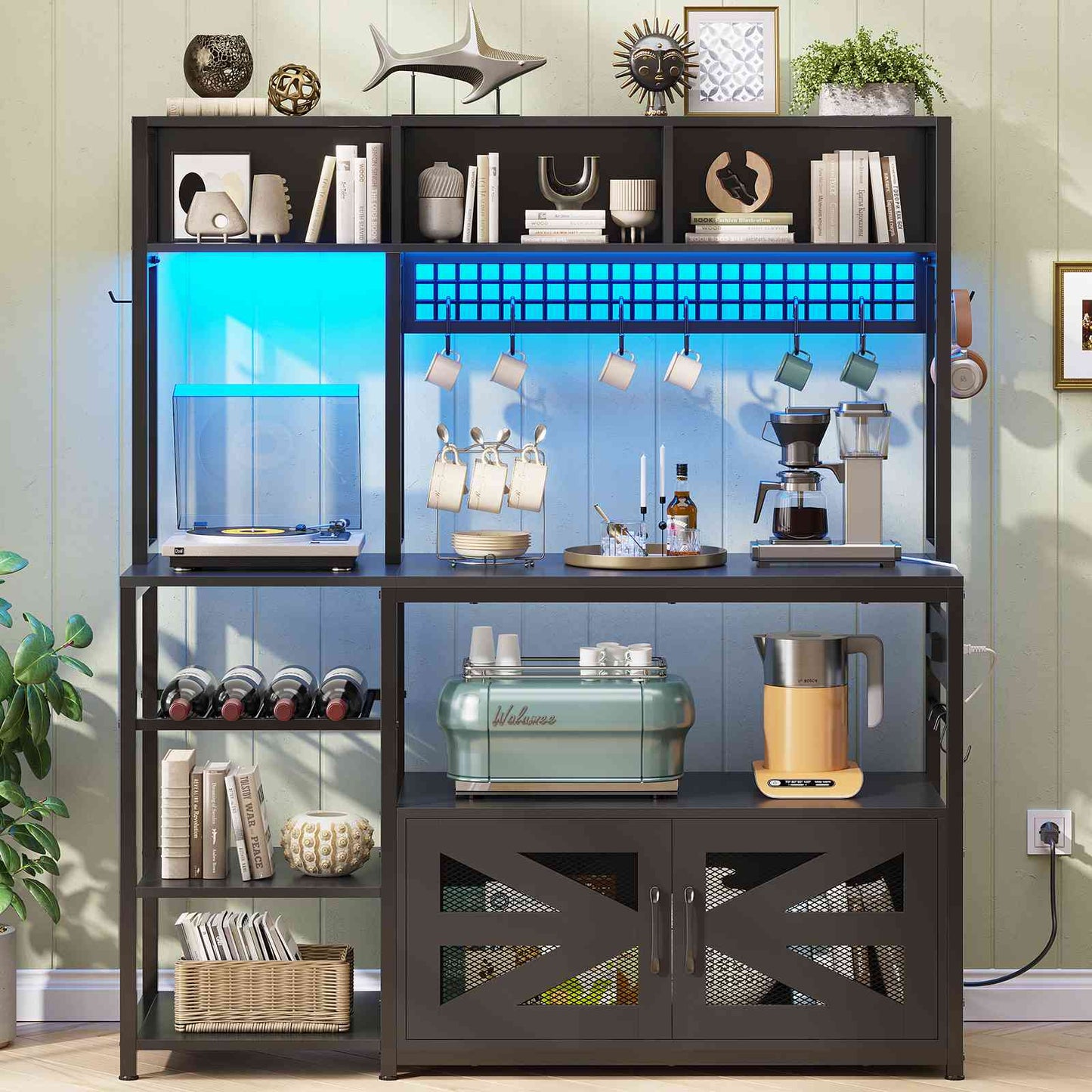 Itaar | 47.2 Inch Bakers Rack with Power Outlet Microwave Stand with Storage Farmhouse Coffee Bar Cabinet Station with Wine Rack