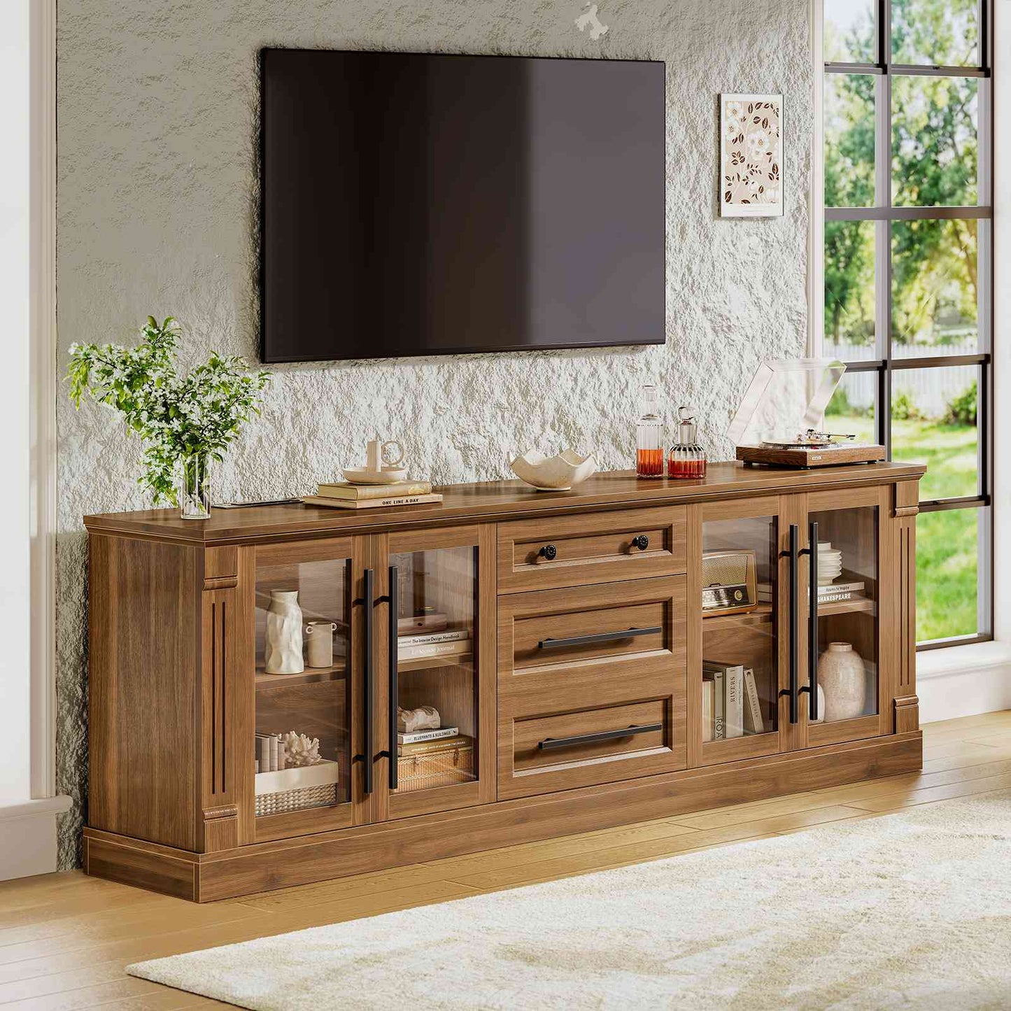 Itaar | Farmhouse TV Stands for 80 Inch TV with Storage for Living Room 3 Storage Cabinets 1 Drawer Living Room Bedroom