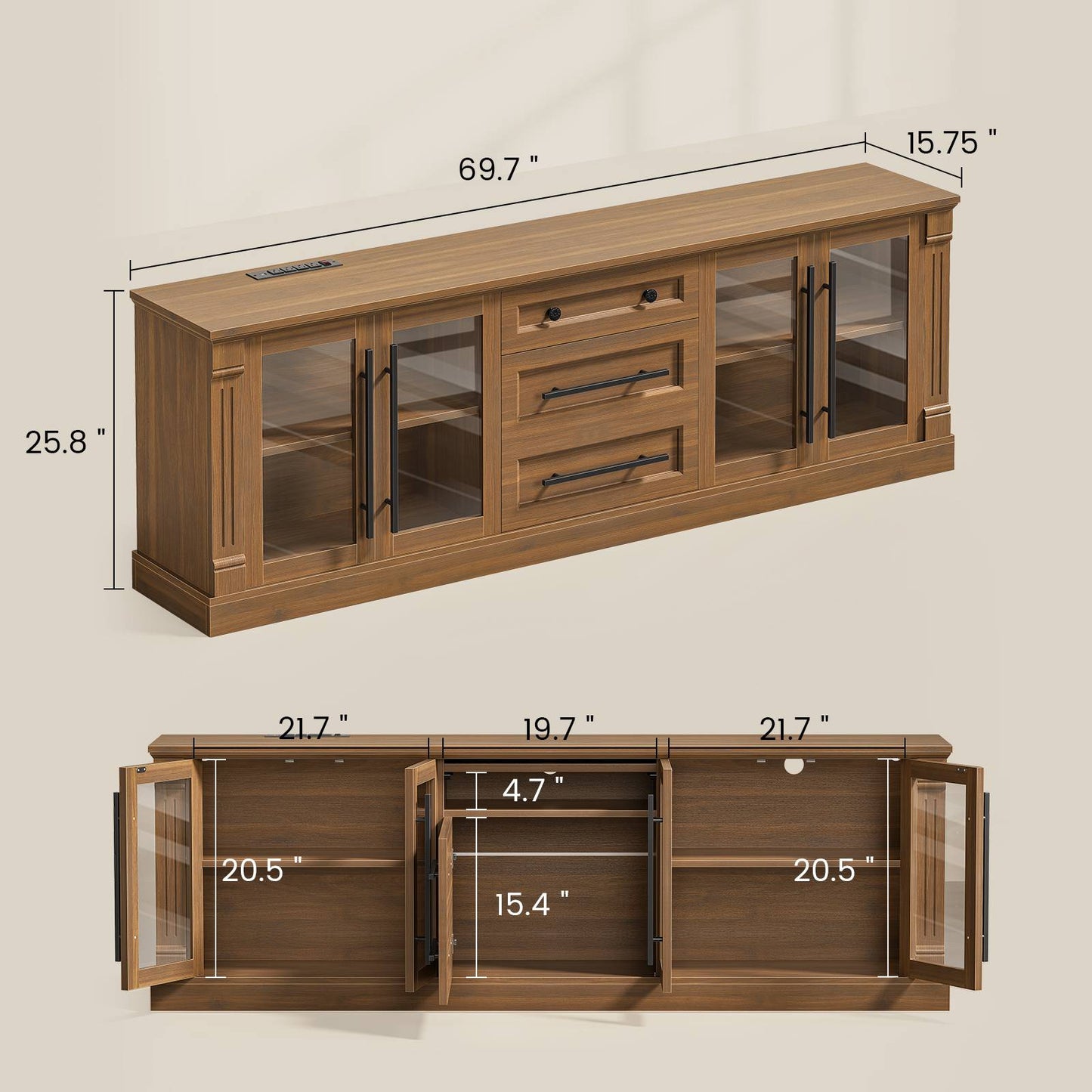 Itaar | Farmhouse TV Stands for 80 Inch TV with Storage for Living Room 3 Storage Cabinets 1 Drawer Living Room Bedroom