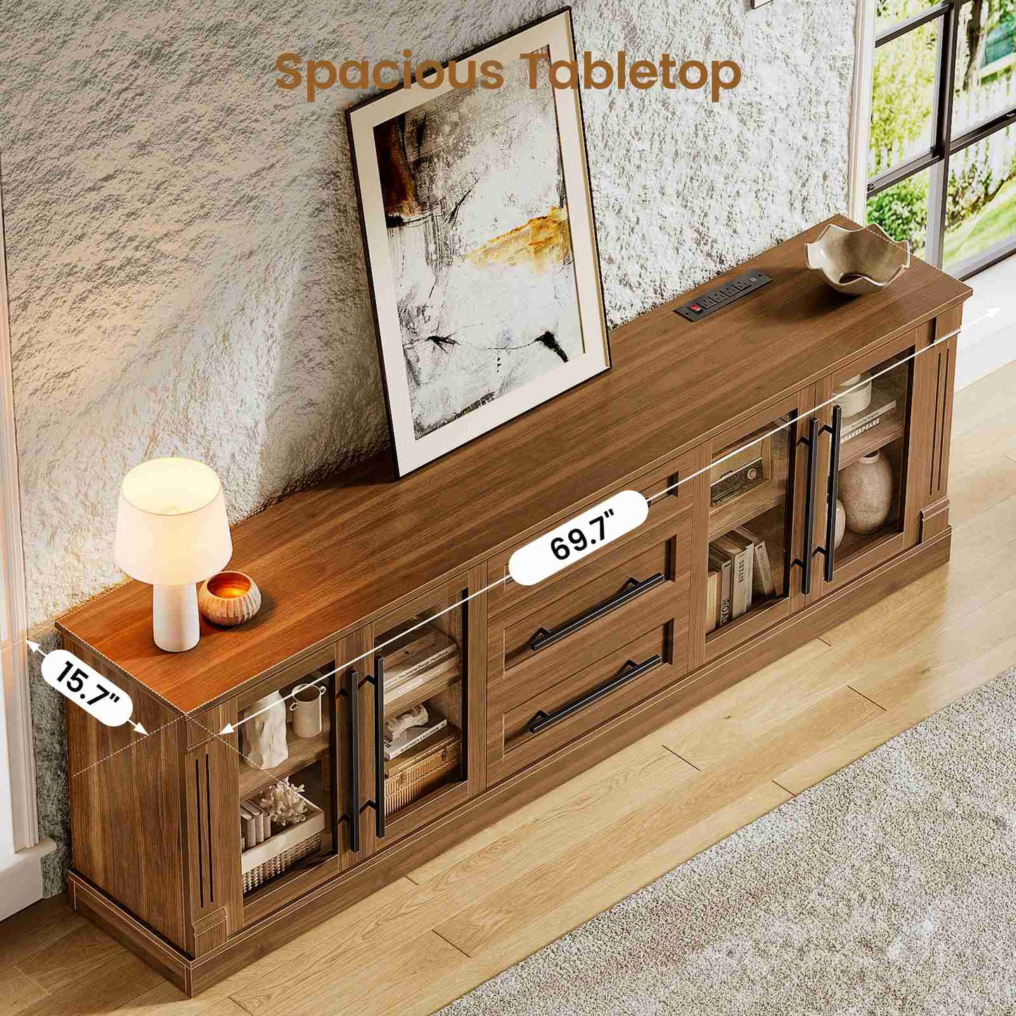 Itaar | Farmhouse TV Stands for 80 Inch TV with Storage for Living Room 3 Storage Cabinets 1 Drawer Living Room Bedroom