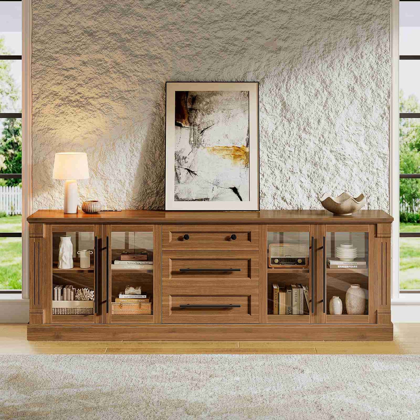 Itaar | Farmhouse TV Stands for 80 Inch TV with Storage for Living Room 3 Storage Cabinets 1 Drawer Living Room Bedroom