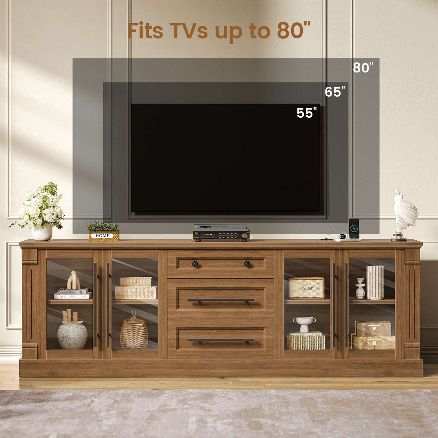 Itaar | Farmhouse TV Stands for 80 Inch TV with Storage for Living Room 3 Storage Cabinets 1 Drawer Living Room Bedroom