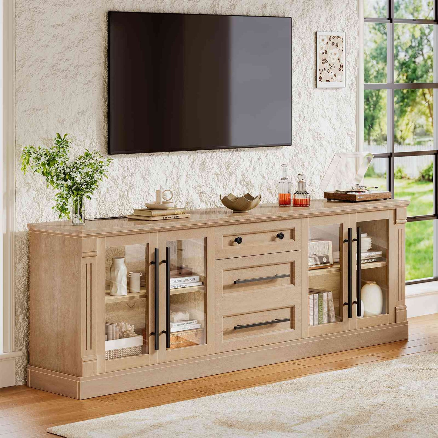 Itaar | Farmhouse TV Stands for 80 Inch TV with Storage for Living Room 3 Storage Cabinets 1 Drawer Living Room Bedroom