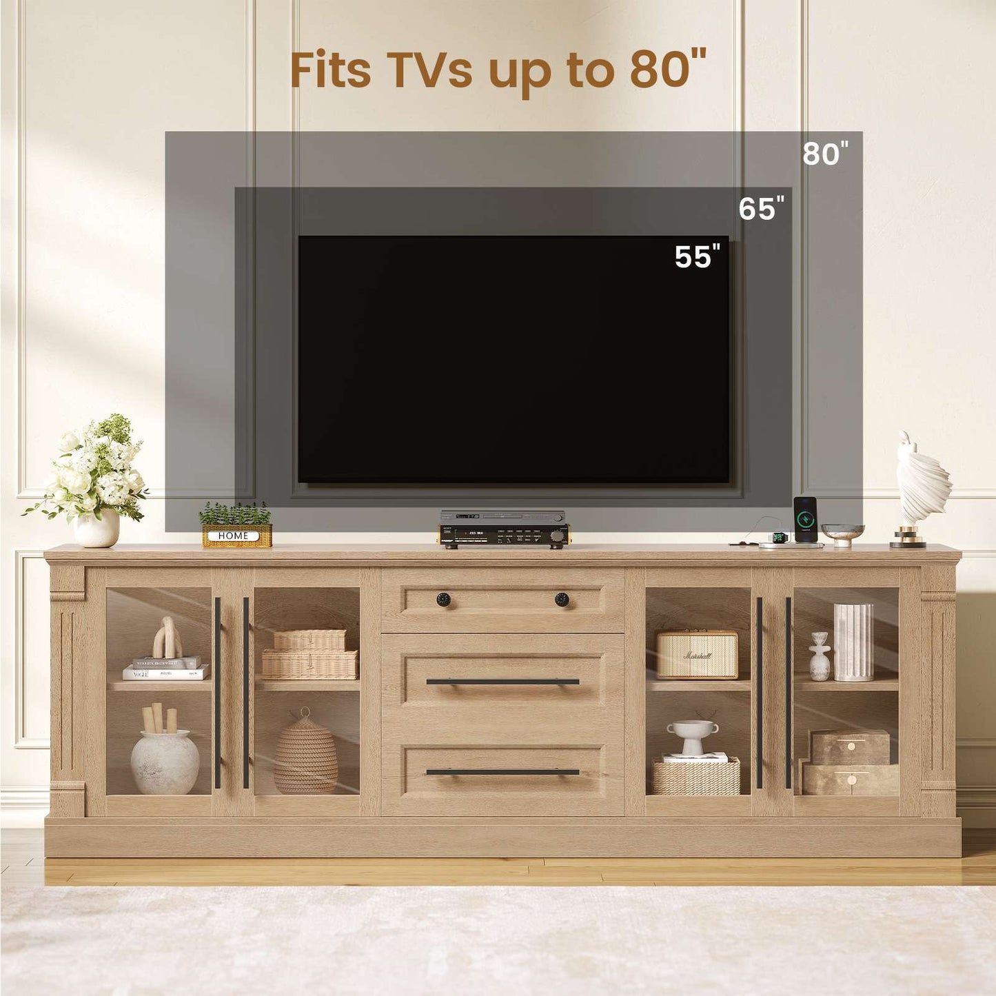 Itaar | Farmhouse TV Stands for 80 Inch TV with Storage for Living Room 3 Storage Cabinets 1 Drawer Living Room Bedroom