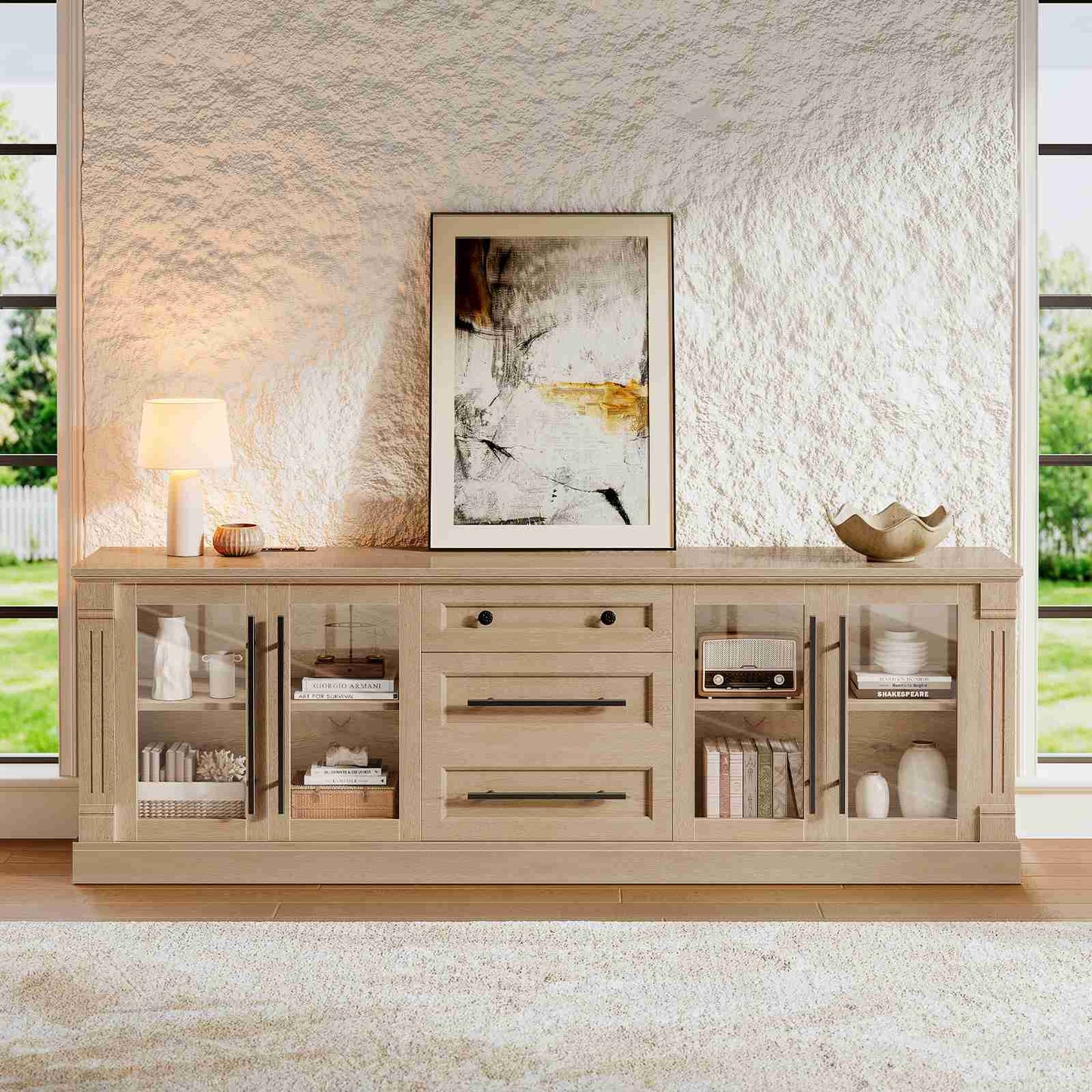 Itaar | Farmhouse TV Stands for 80 Inch TV with Storage for Living Room 3 Storage Cabinets 1 Drawer Living Room Bedroom