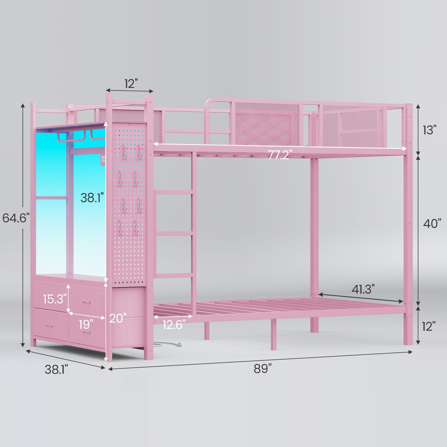 Itaar | Metal Bunk Bed Twin Over Twin with Hall Tree Power Outlet LED Bunk Bed with 4 Storage Drawers Bed with Safety Guardrail Ladders