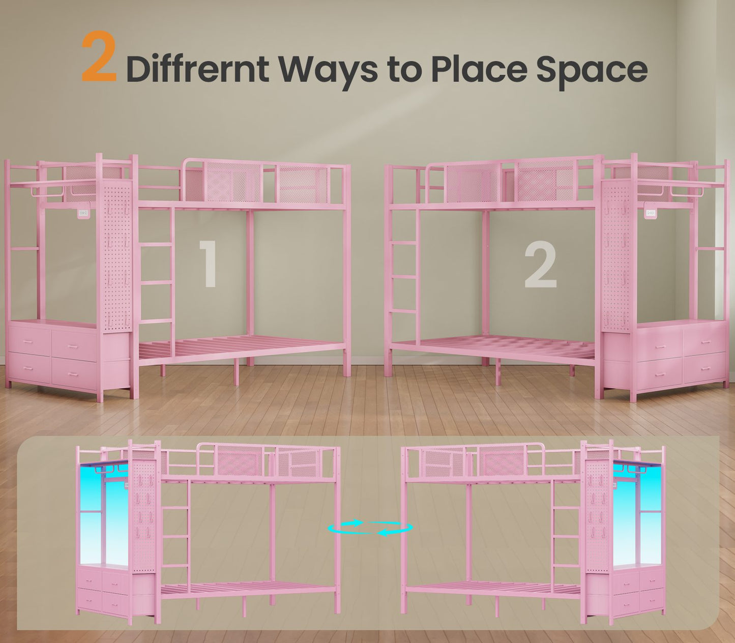 Itaar | Metal Bunk Bed Twin Over Twin with Hall Tree Power Outlet LED Bunk Bed with 4 Storage Drawers Bed with Safety Guardrail Ladders