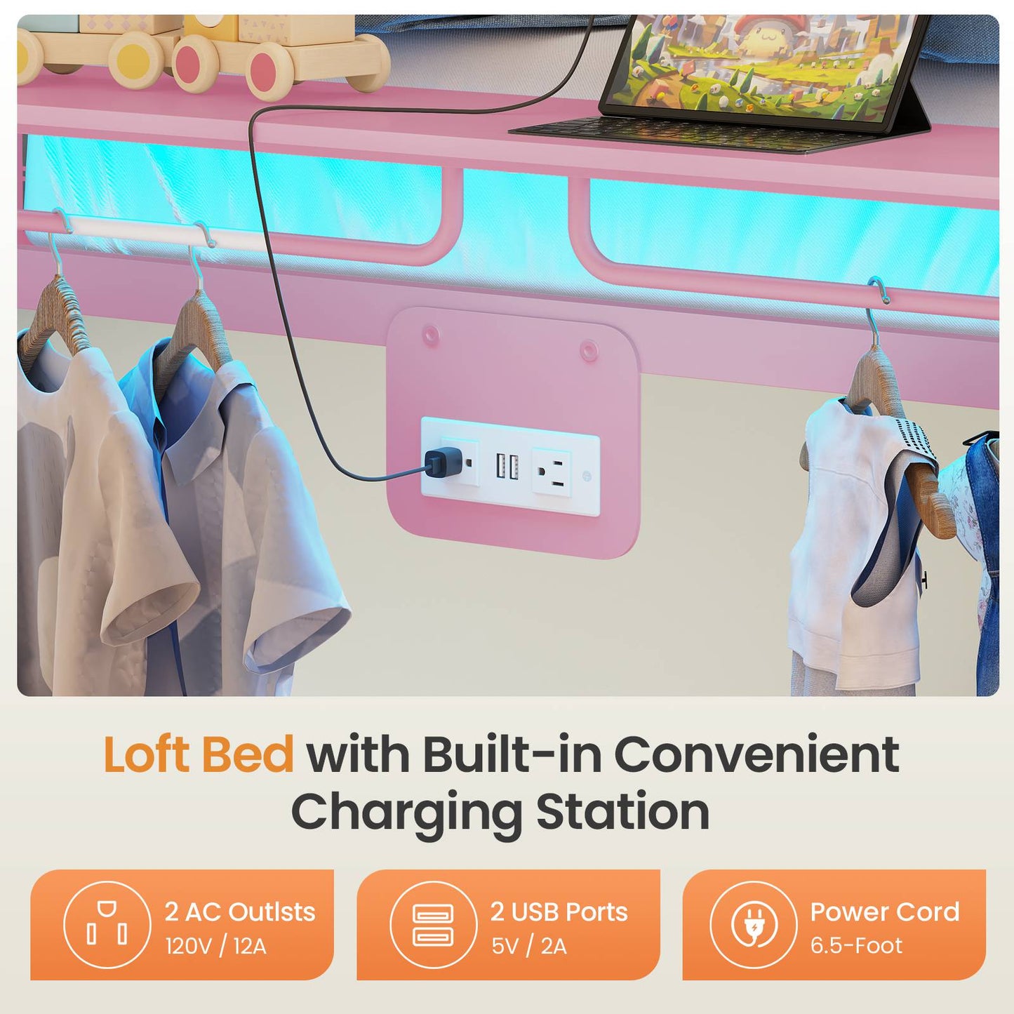 Itaar | Metal Bunk Bed Twin Over Twin with Hall Tree Power Outlet LED Bunk Bed with 4 Storage Drawers Bed with Safety Guardrail Ladders