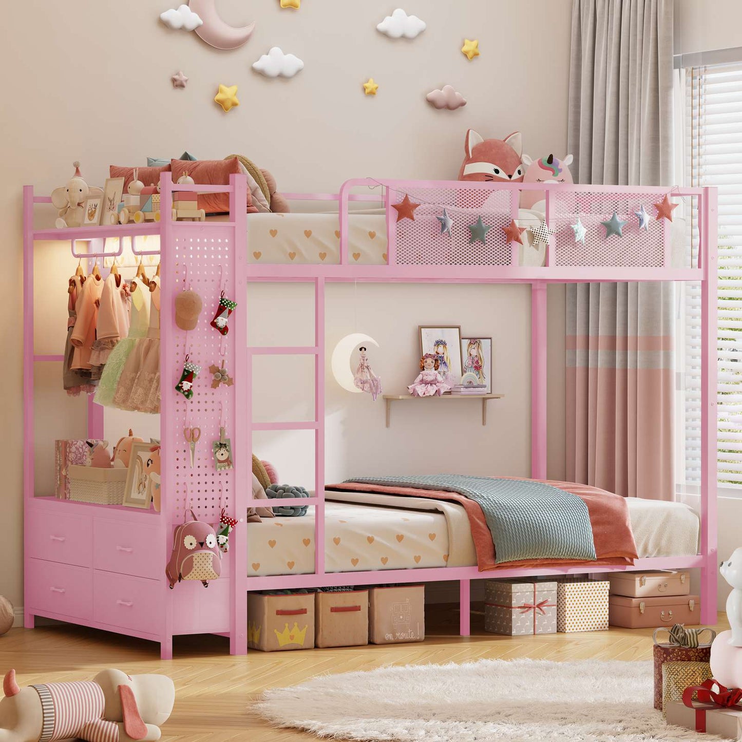 Itaar | Metal Bunk Bed Twin Over Twin with Hall Tree Power Outlet LED Bunk Bed with 4 Storage Drawers Bed with Safety Guardrail Ladders