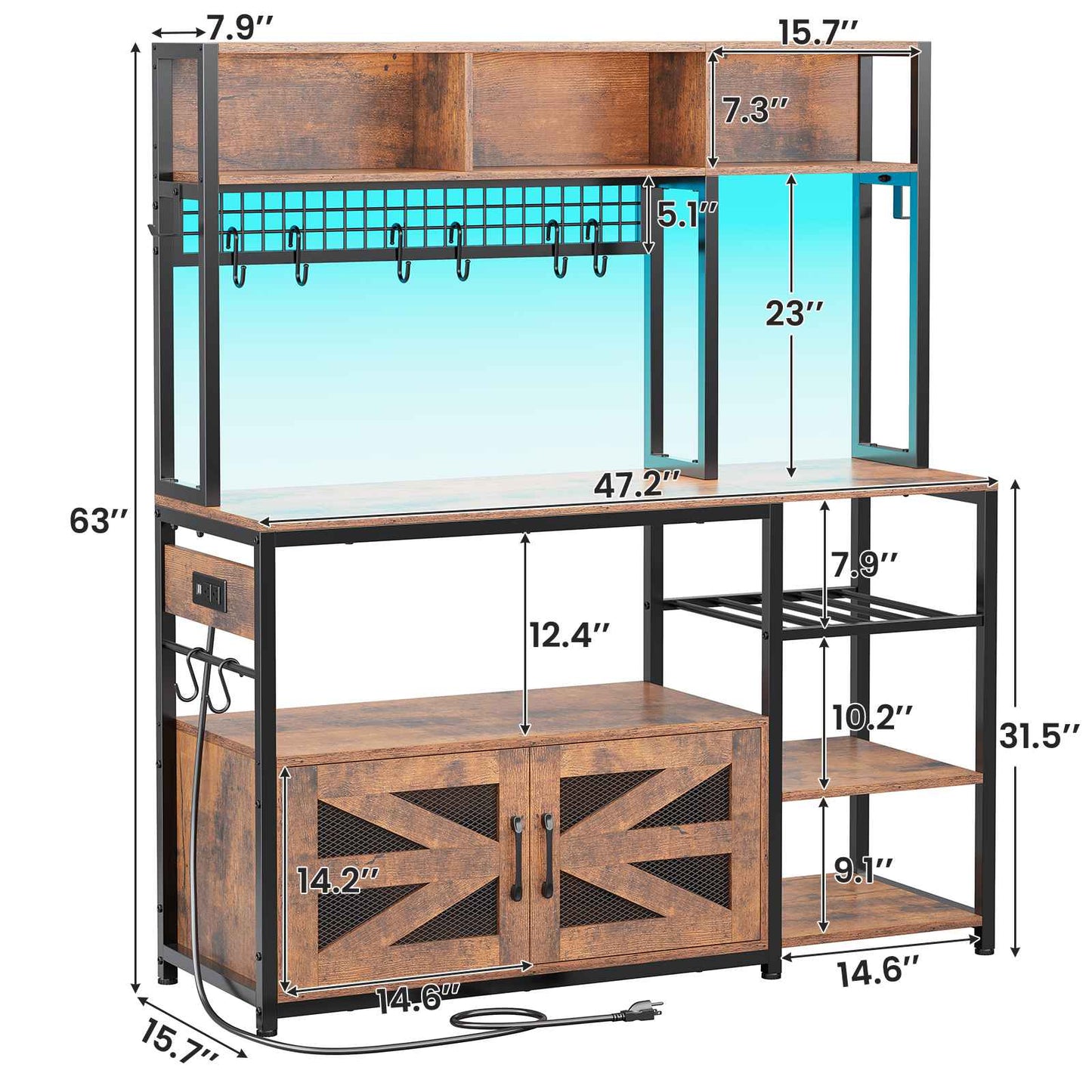 Itaar | 47.2 Inch Bakers Rack with Power Outlet Microwave Stand with Storage Farmhouse Coffee Bar Cabinet Station with Wine Rack