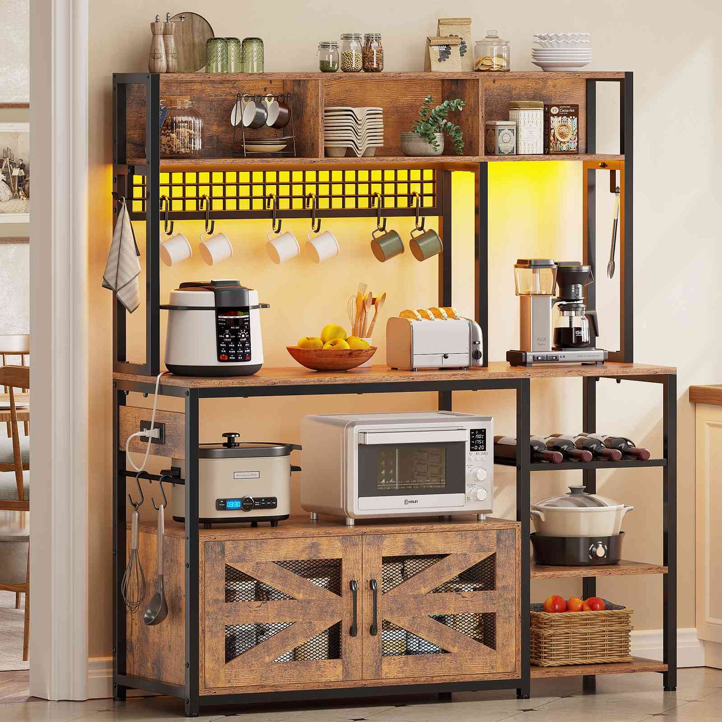 Itaar | 47.2 Inch Bakers Rack with Power Outlet Microwave Stand with Storage Farmhouse Coffee Bar Cabinet Station with Wine Rack