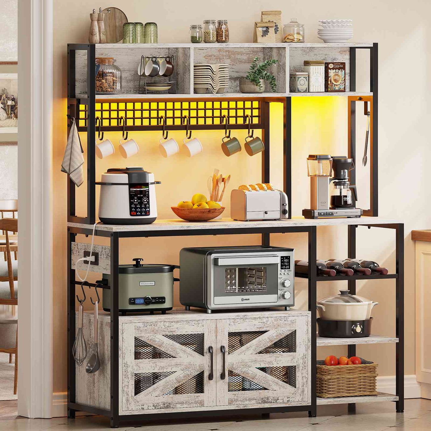Itaar | 47.2 Inch Bakers Rack with Power Outlet Microwave Stand with Storage Farmhouse Coffee Bar Cabinet Station with Wine Rack
