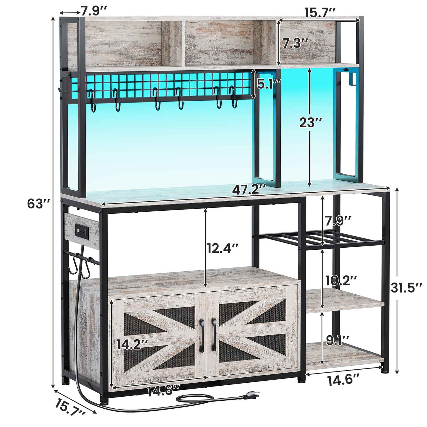 Itaar | 47.2 Inch Bakers Rack with Power Outlet Microwave Stand with Storage Farmhouse Coffee Bar Cabinet Station with Wine Rack