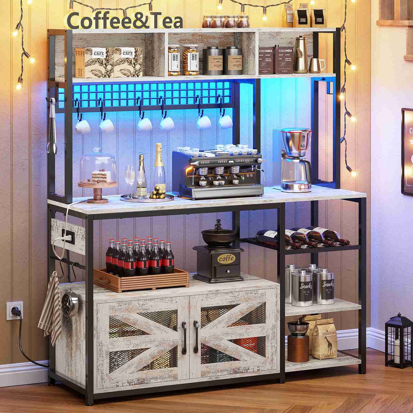 Itaar | 47.2 Inch Bakers Rack with Power Outlet Microwave Stand with Storage Farmhouse Coffee Bar Cabinet Station with Wine Rack