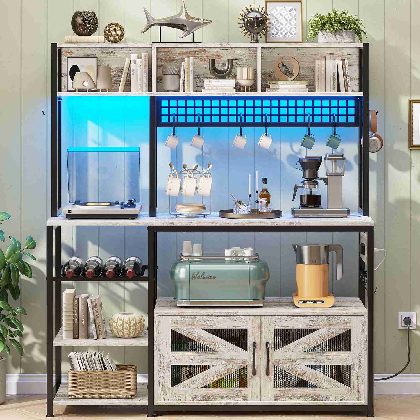 Itaar | 47.2 Inch Bakers Rack with Power Outlet Microwave Stand with Storage Farmhouse Coffee Bar Cabinet Station with Wine Rack