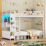 Itaar | Metal Bunk Bed Twin Over Twin with Hall Tree Power Outlet LED Bunk Bed with 4 Storage Drawers Bed with Safety Guardrail Ladders