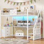 Itaar | Stairway Twin Size Loft Bed with L Shaped Desk and Wardrobe Metal Loft Bed Frame with Stairs 3 Fabric Drawers LED Lights Charging Sation