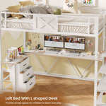 Itaar | Stairway Twin Size Loft Bed with L Shaped Desk and Wardrobe Metal Loft Bed Frame with Stairs 3 Fabric Drawers LED Lights Charging Sation