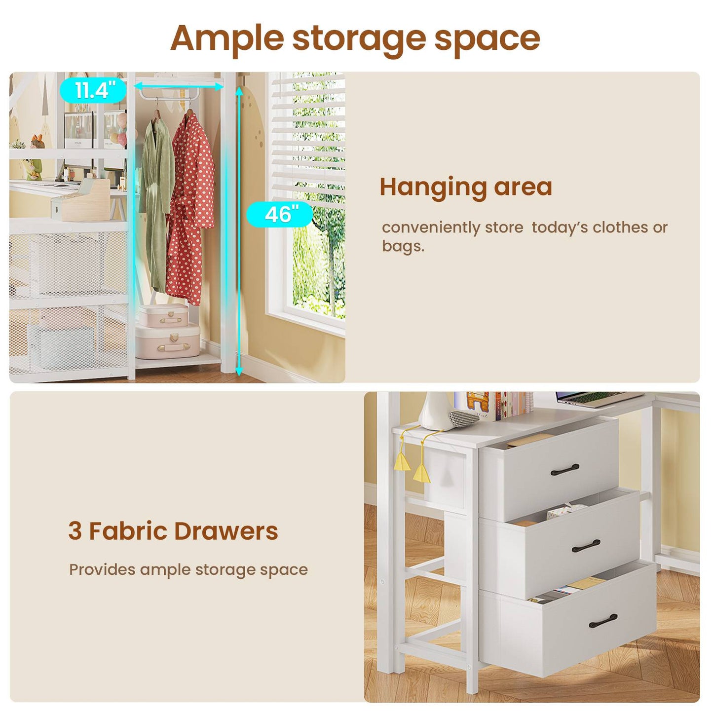 Itaar | Stairway Twin Size Loft Bed with L Shaped Desk and Wardrobe Metal Loft Bed Frame with Stairs 3 Fabric Drawers LED Lights Charging Sation
