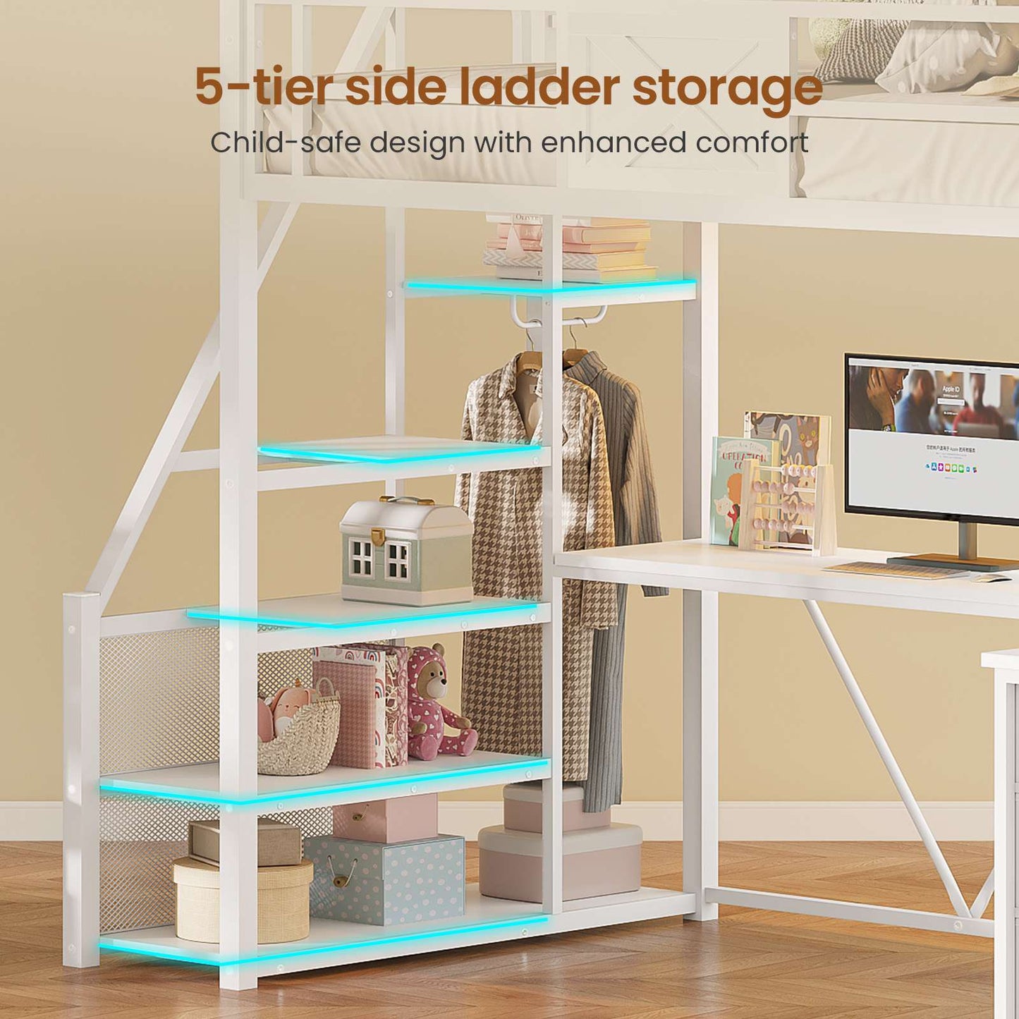 Itaar | Stairway Twin Size Loft Bed with L Shaped Desk and Wardrobe Metal Loft Bed Frame with Stairs 3 Fabric Drawers LED Lights Charging Sation