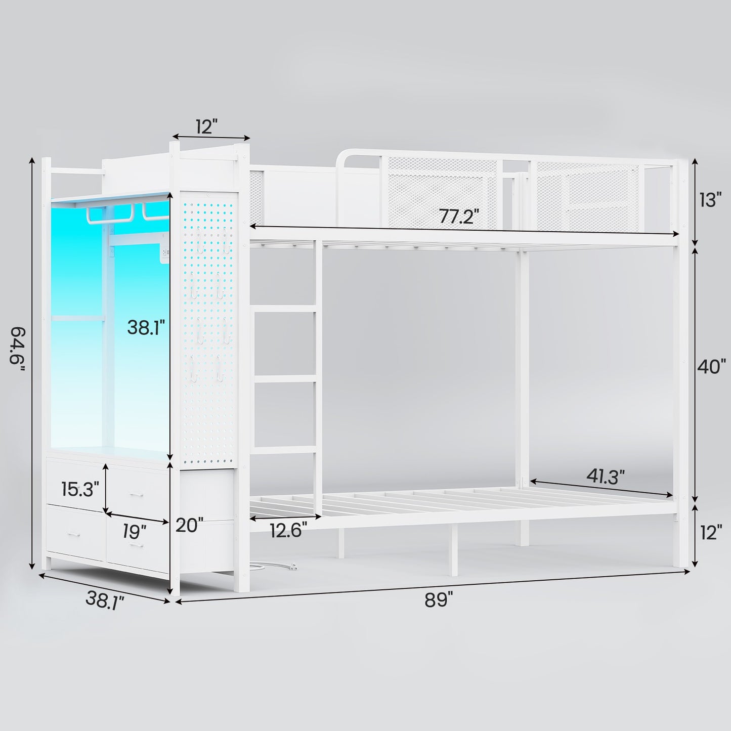 Itaar | Metal Bunk Bed Twin Over Twin with Hall Tree Power Outlet LED Bunk Bed with 4 Storage Drawers Bed with Safety Guardrail Ladders