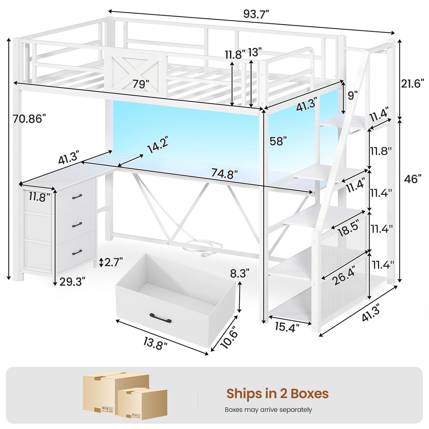 Itaar | Stairway Twin Size Loft Bed with L Shaped Desk and Wardrobe Metal Loft Bed Frame with Stairs 3 Fabric Drawers LED Lights Charging Sation