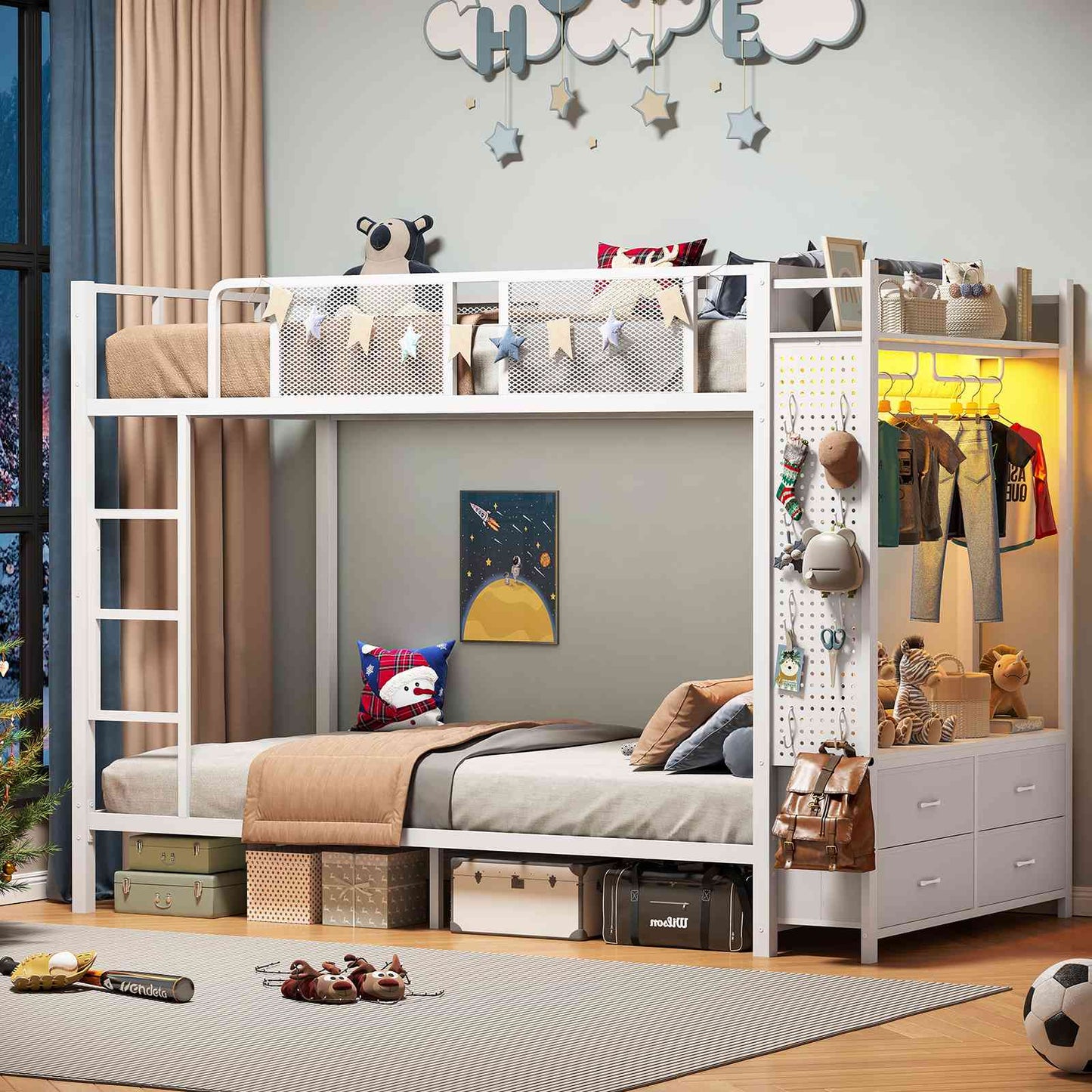 Itaar | Metal Bunk Bed Twin Over Twin with Hall Tree Power Outlet LED Bunk Bed with 4 Storage Drawers Bed with Safety Guardrail Ladders