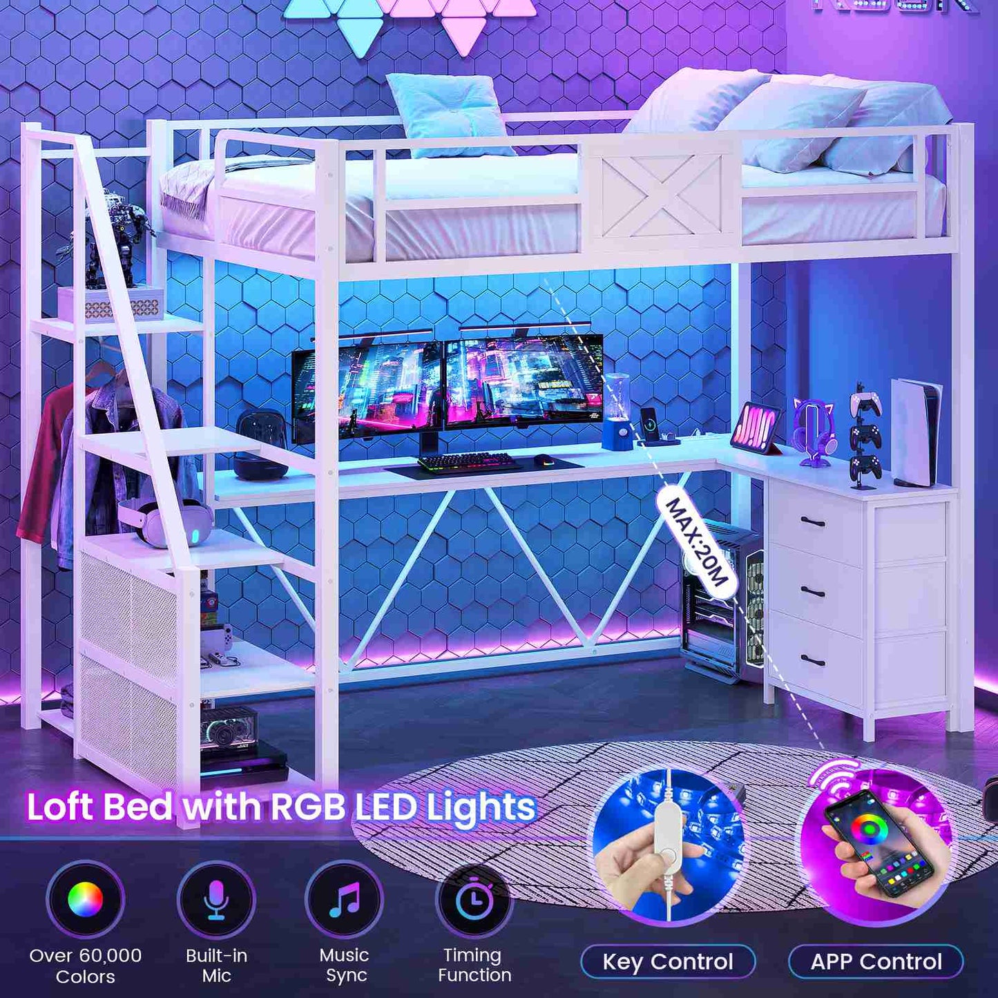 Itaar | Stairway Twin Size Loft Bed with L Shaped Desk and Wardrobe Metal Loft Bed Frame with Stairs 3 Fabric Drawers LED Lights Charging Sation