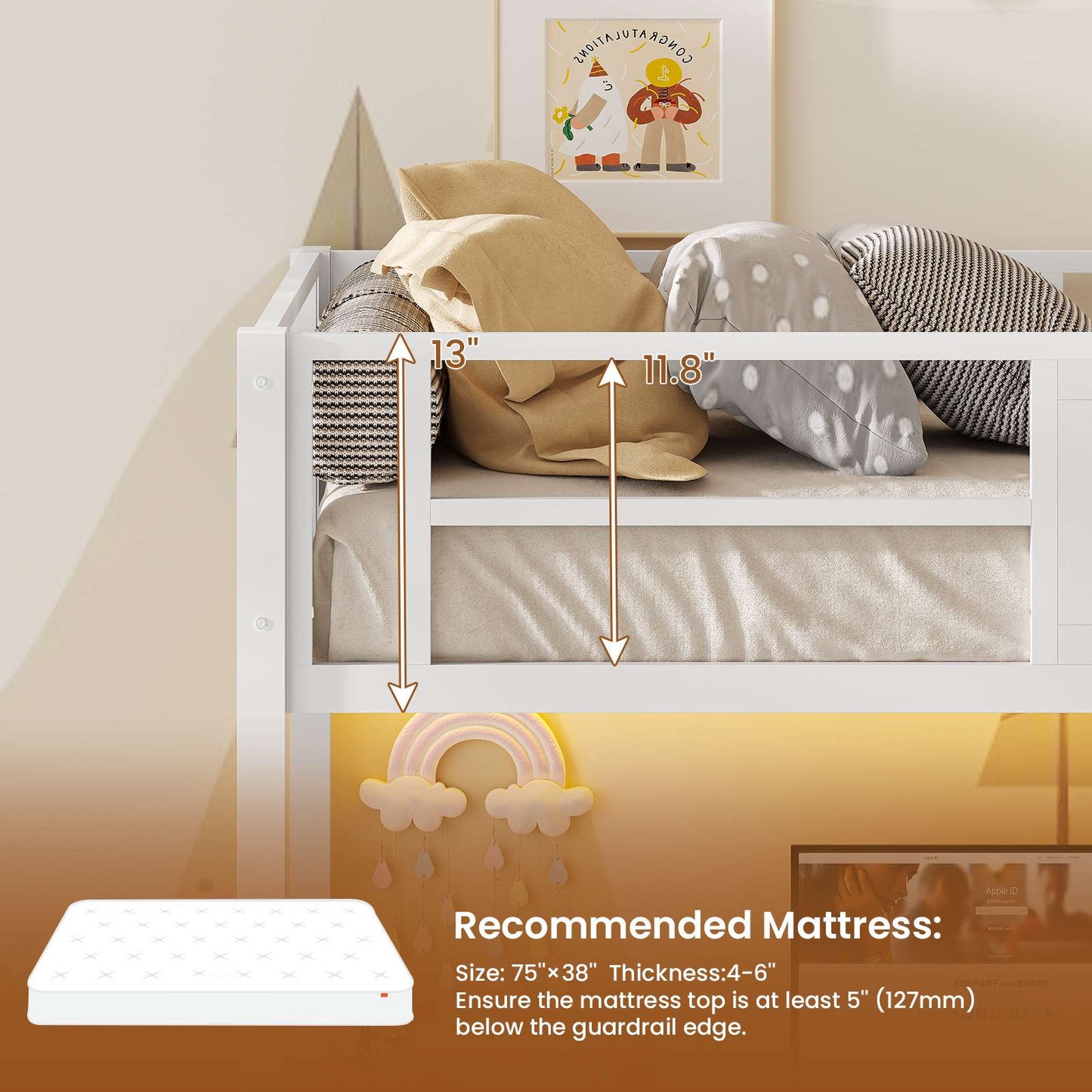 Itaar | Stairway Twin Size Loft Bed with L Shaped Desk and Wardrobe Metal Loft Bed Frame with Stairs 3 Fabric Drawers LED Lights Charging Sation