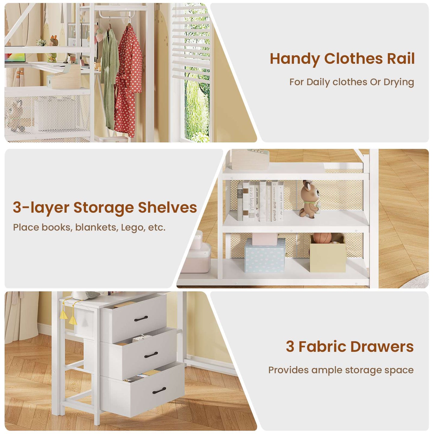 Itaar | Stairway Twin Size Loft Bed with L Shaped Desk and Wardrobe Metal Loft Bed Frame with Stairs 3 Fabric Drawers LED Lights Charging Sation