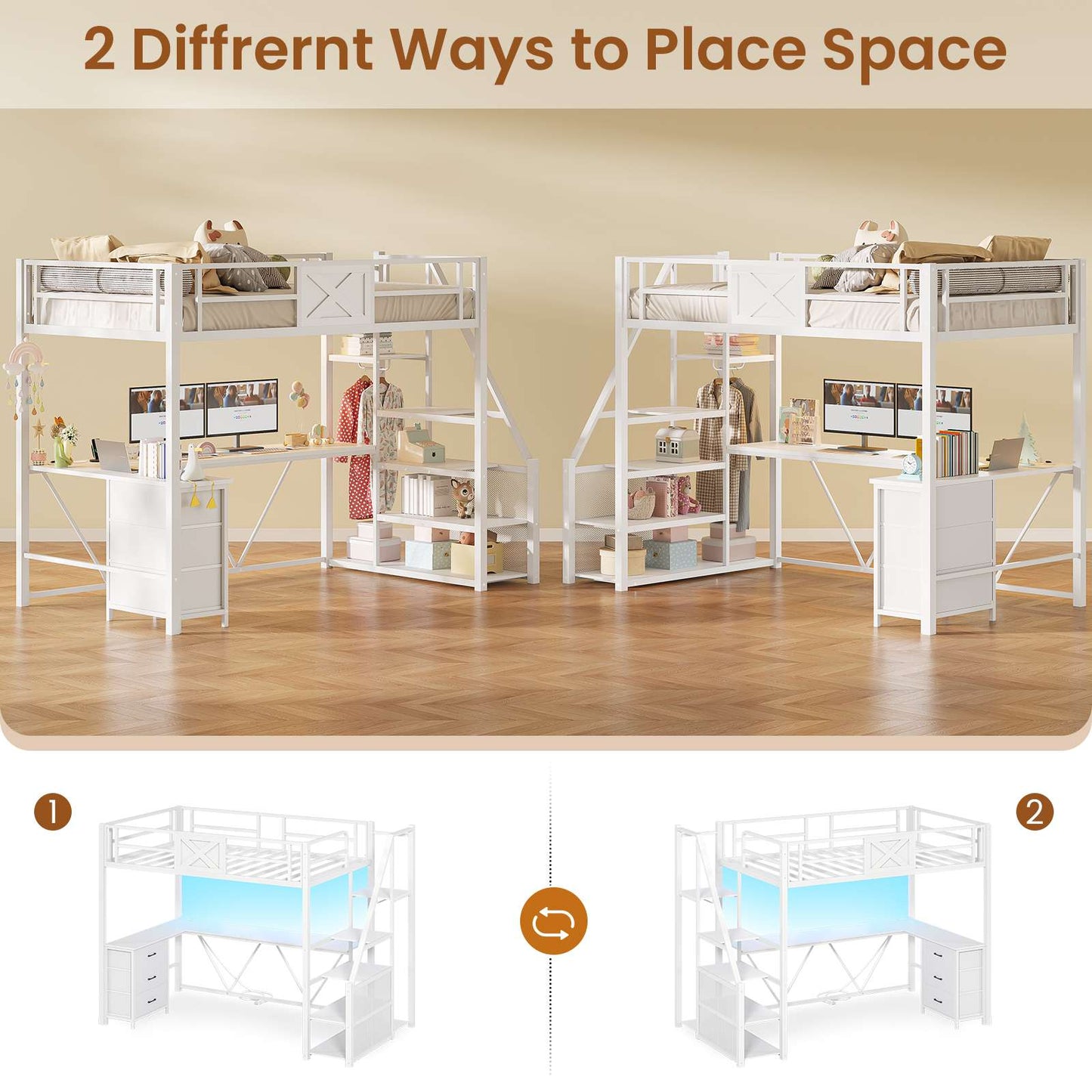 Itaar | Stairway Twin Size Loft Bed with L Shaped Desk and Wardrobe Metal Loft Bed Frame with Stairs 3 Fabric Drawers LED Lights Charging Sation